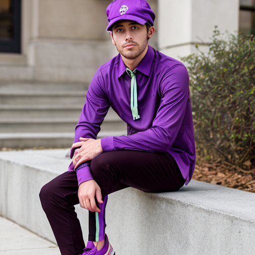 purple hat with two points and a purple long sleeve shirt with fuchsia/magenta trim that covers his legs. He also wears purple shoes and pants that are