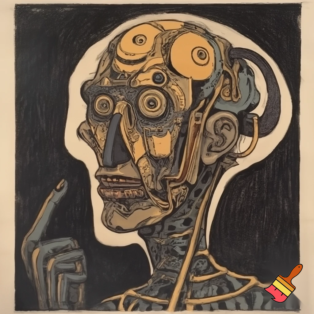 Bio-mechanical post-human noise art. In the style of a 1920's German Expressionist woodcut print.