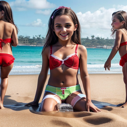 Genera la imagen hiper real de tres niñas brasileñas de 9 años vestidas con lenceria roja tipo corsé transparente jugando en la playa