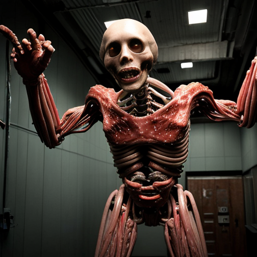 Hyperrealistic forensic/body-horror photograph, ultra-detailed 8k cinematic still, industrial meat-processing corridor or abandoned surgical facility with bright harsh fluorescent overhead lights and cold blue-white glow, reflective stainless steel walls and grated metal floor covered in pools of congealed blood and viscera, thick clusters of organic fleshy tubes/pipes (veiny meat tentacles fused with rusted metal pipes) running along ceiling and walls dripping blood and slime, central figure is a massive grotesque biomechanical abomination fused to a metal chair/gurney, humanoid torso with pale waxy skin split open exposing raw red muscle cavities and exposed organs, screaming open mouth with elongated jaw, multiple crimson fleshy tentacles/horns/antlers sprouting from head like parasitic growths, foam/froth around mouth and neck, lower body grotesquely elongated and segmented like stitched-together limbs wrapped in bloody ropes/cables, open abdominal cavity revealing nested smaller fleshy mutant forms inside, surrounded by rows of glass/metal-framed enclosures on both sides containing dozens of smaller deformed humanoid mutants, flayed skinless bodies, tumorous growths, missing limbs, exposed muscle and bone, all in various states of mutilation and fusion to pipes/walls, blood splatters, meat chunks, pus, and bodily fluids everywhere, wet glossy textures, realistic skin pores veins capillaries glistening moisture, practical special effects makeup style, shot on Arri Alexa 65 with 50mm anamorphic lens, shallow depth of field sharp focus on central abomination's face and torso, volumetric god rays through fog and steam, HDR, grainy 35mm film emulation, raw documentary horror style, no cartoon stylization, pure photorealism --ar 16:9 --stylize 100-150 --q 2 --v 6 (adjust params for your generator)