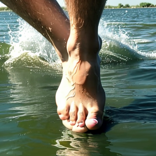 A barefoot young man waterskiing on bare feet with no skis