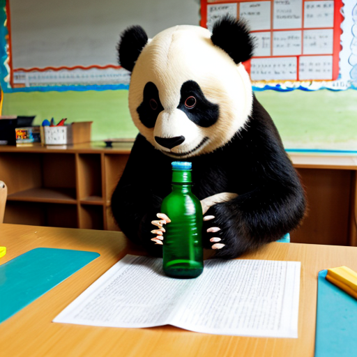 a panda teacher piking up a poshen bottle