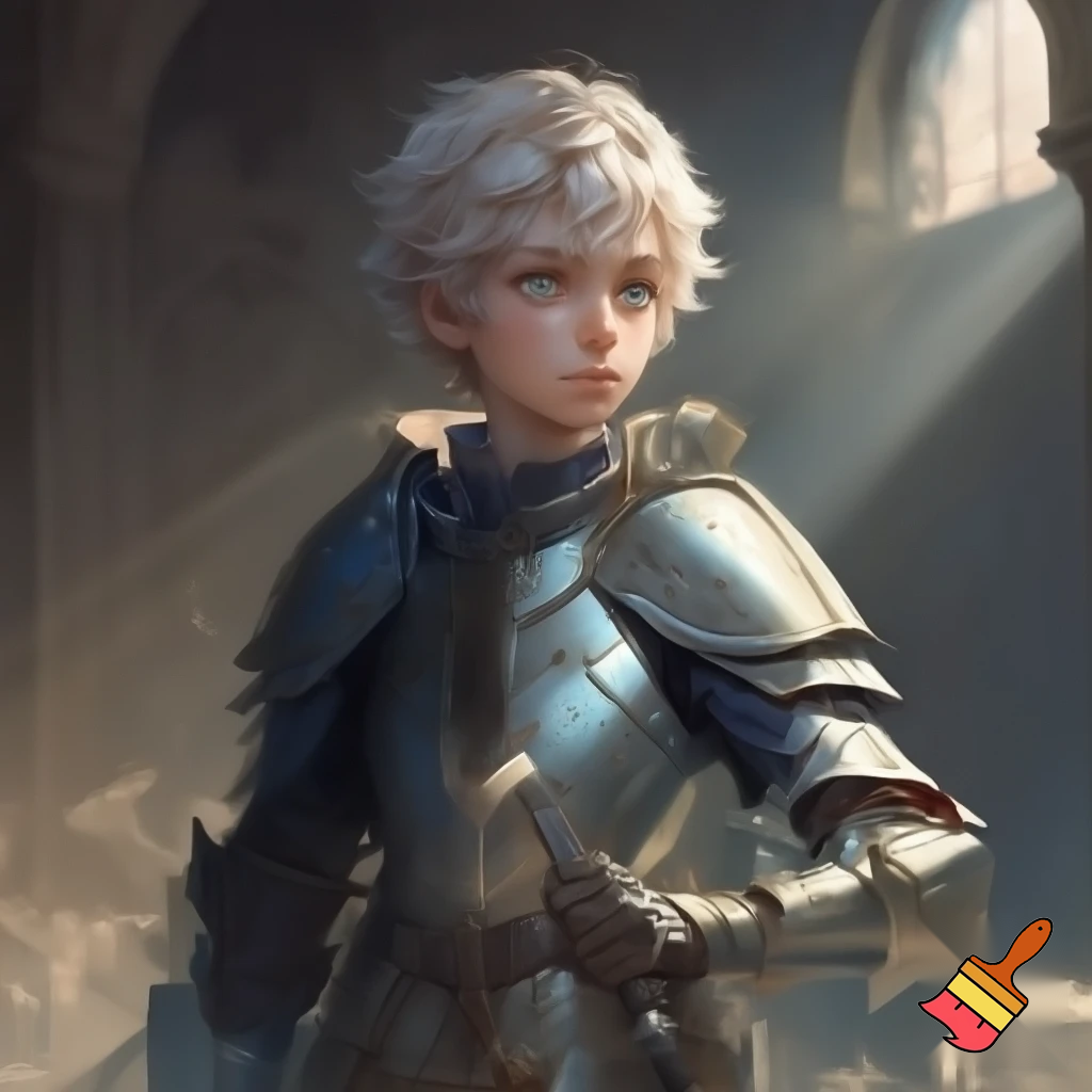 a young man with angelic short white hair and blueish gold eyes. he is also a knight