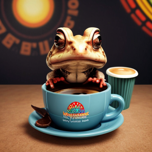 A hillarious, funny boho toad with some hippie colored coffee cups. Psychedelic decorated background.