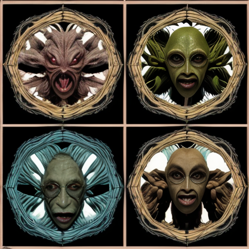 Irreal creaturas sub humana de fractales. 4 paneles. 1, 2, 3, 4. 1: criatura emerge de ti. 2: criatura se alimenta. 3: Blade. 4: la creatura eres tu. Esto en un estilo barroco, ultralimilal, aceituna y papa