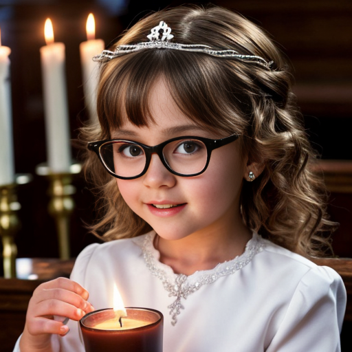 Cute adorable niña Chilindrina glasses con hair curly Blonde con corona Flores con verano elegante formal primera comunión sensual sexy con holding vela dé candela con altar con iglesia templó católico 1