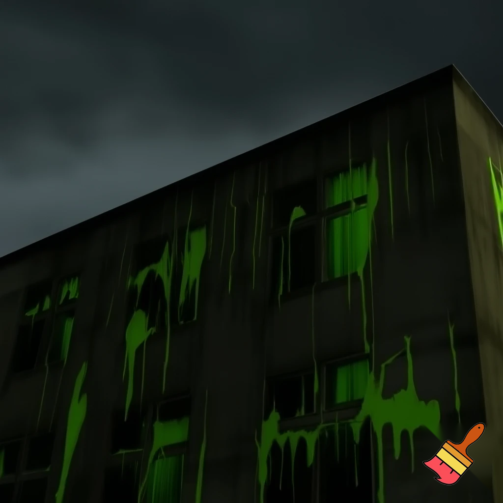 A dark lab from outside  with chemicals leakingnout of the windows with a dark aesthetic, maybe green rain too