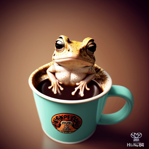 A hillarious, funny boho toad with some hippie colored coffee cups. Psychedelic decorated background.