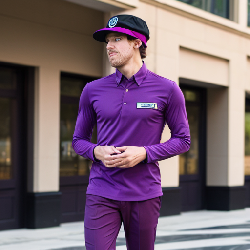 purple hat with two points and a purple long sleeve shirt with fuchsia/magenta trim that covers his legs. He also wears purple shoes and pants that are