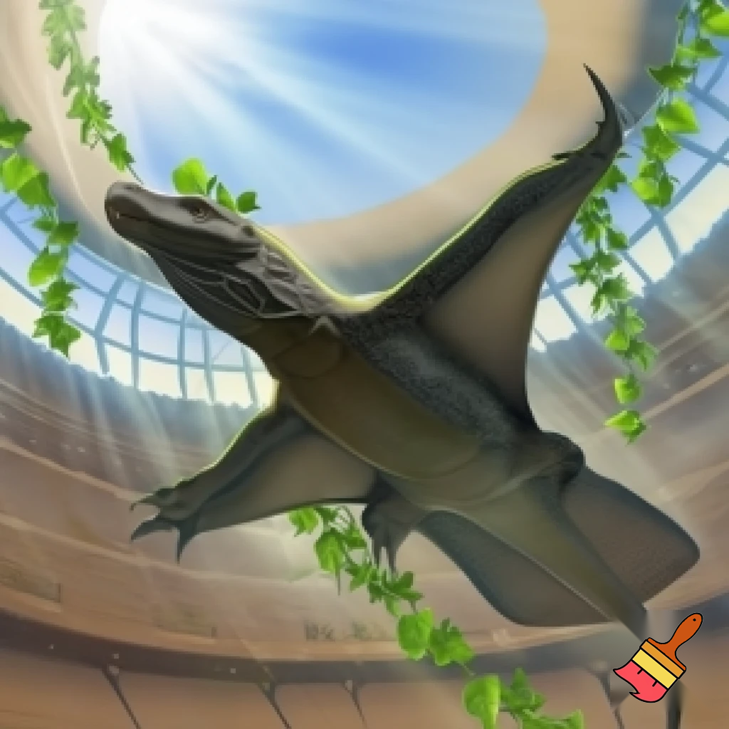 Half komodo Dragon half stingrays flying in a stadium with poison ivy