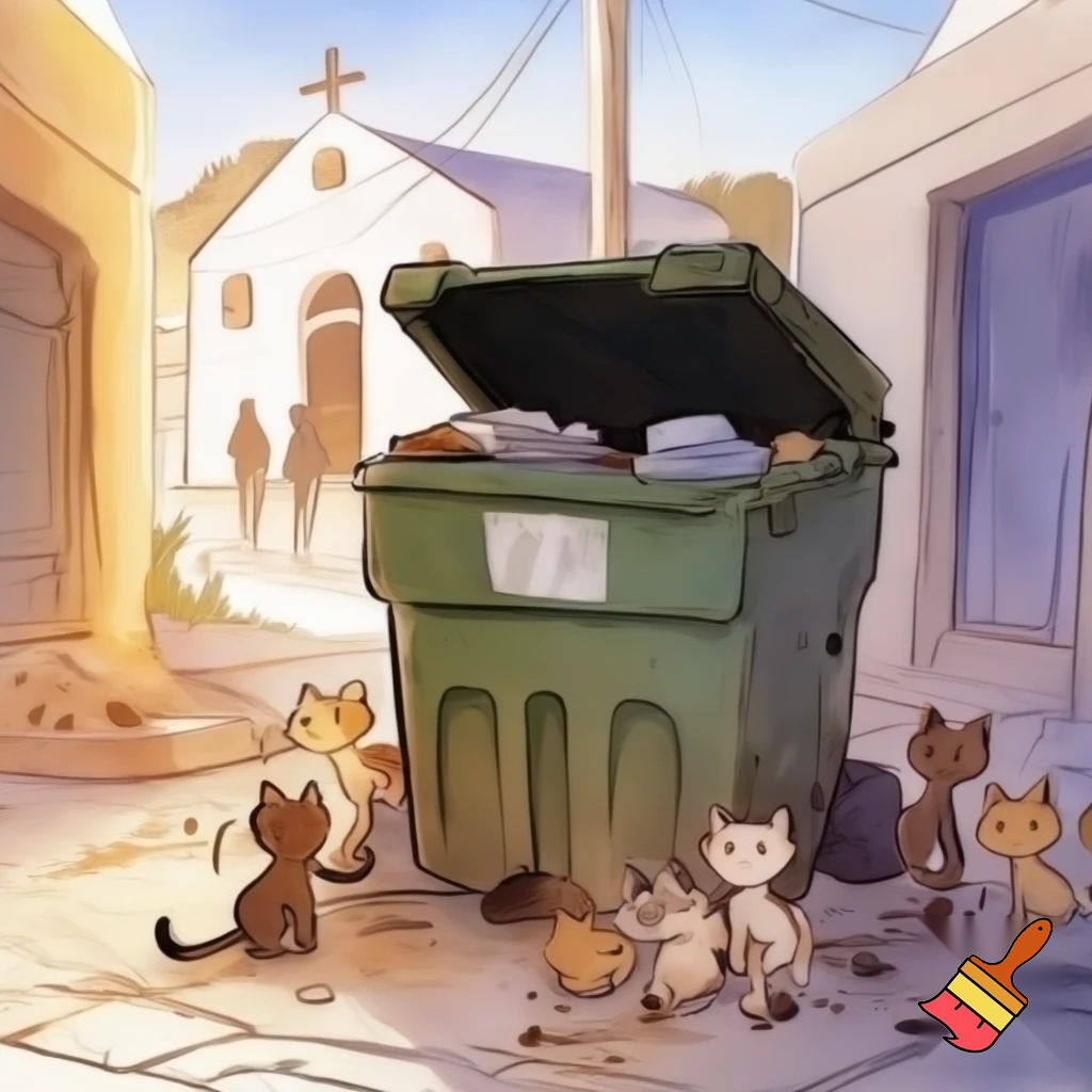 Cartoon-style scene in a small Greek neighborhood. A large green outdoor garbage container stands with its lid open. Inside the container, tossed away, are a couple of pet food bowls and a small water bowl. Around the container are several stray cats and kittens looking sad and thirsty, some sitting, some searching the ground. One or two kittens peek curiously into the container. In the background, a simple white Greek church with a cross on top, and a few distant people walking toward it, not facing the viewer. Early-day Mediterranean light, warm tones, gentle but emotional atmosphere. Style: soft cartoon, watercolor-like textures, subtle outlines, slightly heart-tugging mood. Cats bit skinny