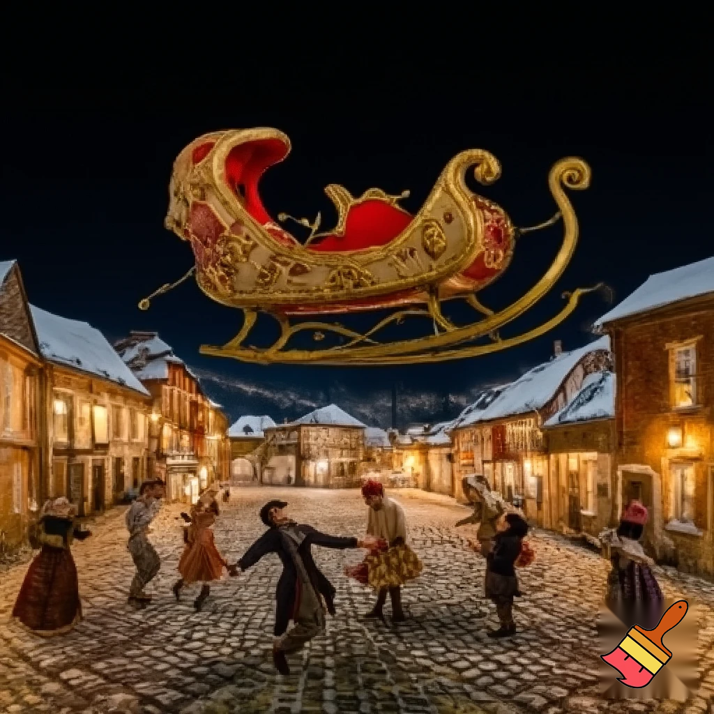 Un traineu  de noël qui vole tout  seu lance de la musique  et tout  le  monde  danse  du village
