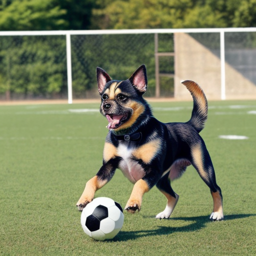 generate a picture of a cute dog playing football with other dogs