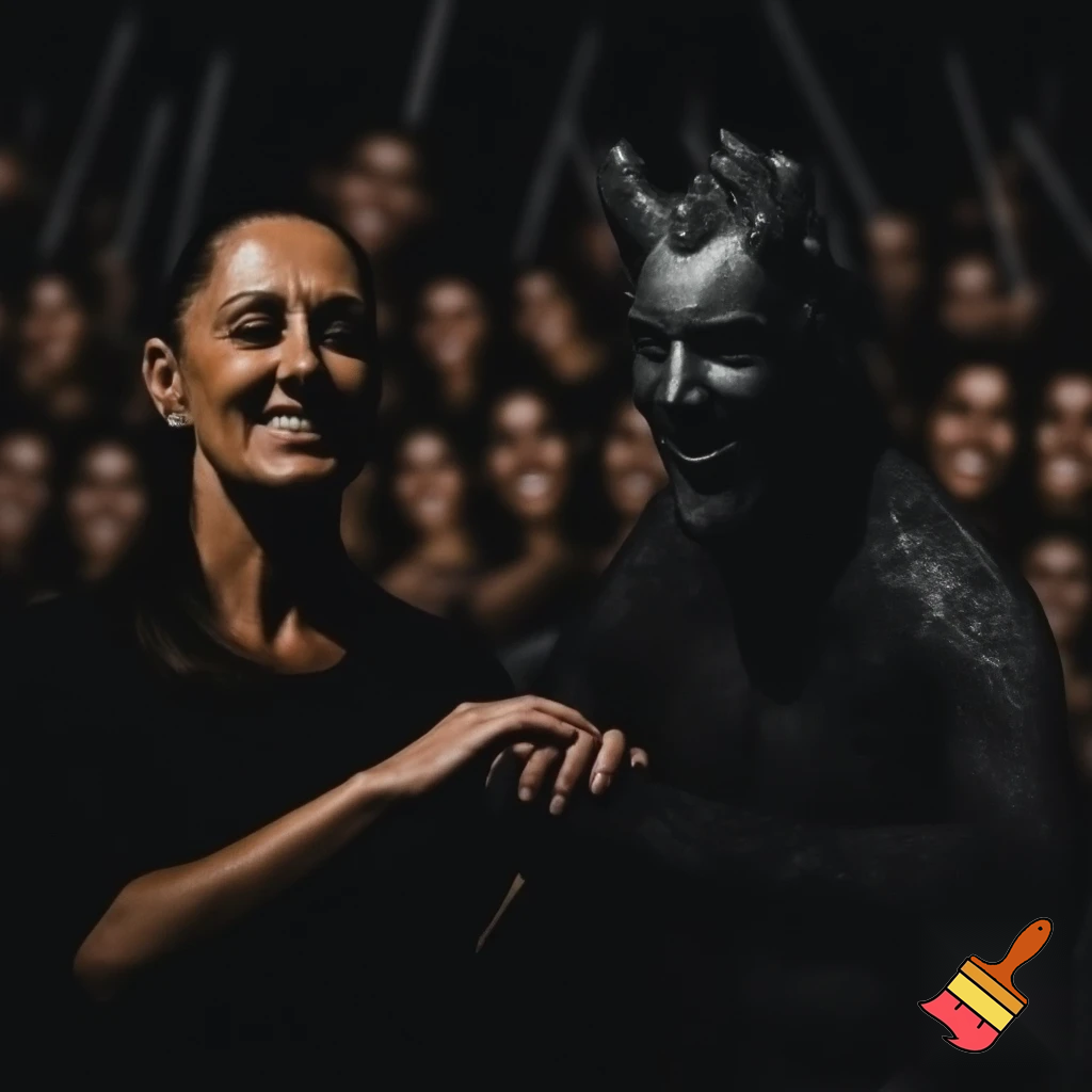 claudia sheinbaum holding hands with the devil and smiling, full body, and deep down people smiling with long weapons