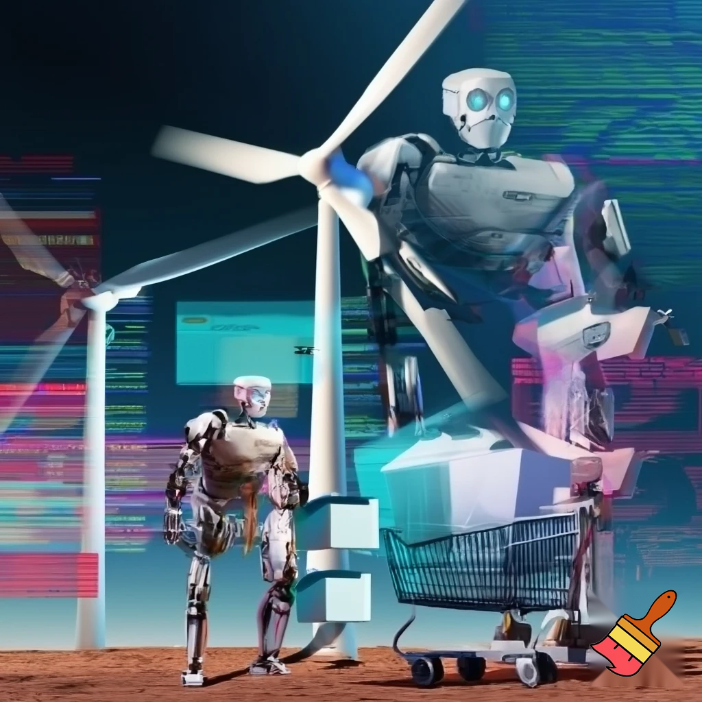 A Collage out of robots, wind turbines and Online-Shopping

