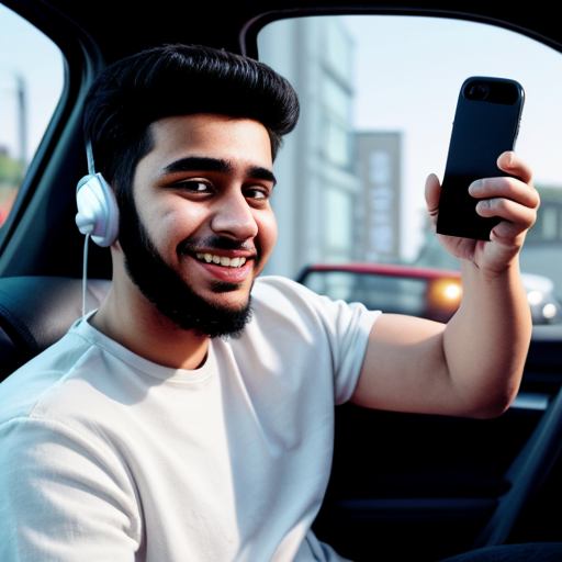 Pixar-style 3D cartoon, young Muslim man, 20 years old, beard, black jeans, white shirt, sitting in a car, holding phone to his ear, answering a call, relaxed pose, big expressive cartoon eyes, friendly smiling face, city visible through car windows in the background, bright colors, cinematic lighting, simple cartoon style