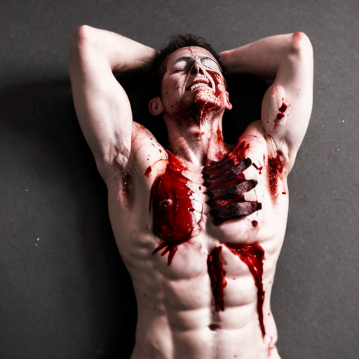 A corpse shirtless man, died, face are hiding by shirt with cut eye part (not eye human), eye closed, chest fully opened wounded circle on center, blood everywhere. Gibs and ribs (from chest bone) everywhere and broke, organs piece by piece. (In full body, not half body)