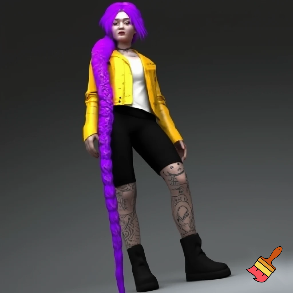 rumi, the main character in the animated film KPop Demon Hunters, is described as a slim and athletic young Korean woman in her early twenties. Her physical description in the film is highly stylized to reflect K-pop idol beauty standards, but the character design also emphasizes her strength and agility as a demon hunter. ties, reconciling her dual nature and the markings that appear on her skin. The hair is a vibrant, brilliant purple (often described as lavender or lilac in fan discussions). Unlike the demon patterns on her body which change color, the purple hair is a static feature that she has had since childhood, suggesting it is a natural result of her half-demon heritage rather than dye.
Style: Her hair is typically styled in a very long, high-swept braid that reaches down to her calves or even ankles. The specific braiding technique is most often a dragon braid or pull-through braid, which gives it a voluminous, segmented, and rope-like appearance that can whip around dramatically during fight scenes. with a yellow jacket and a white top and black pants  shorter like the top of a leg and black boots