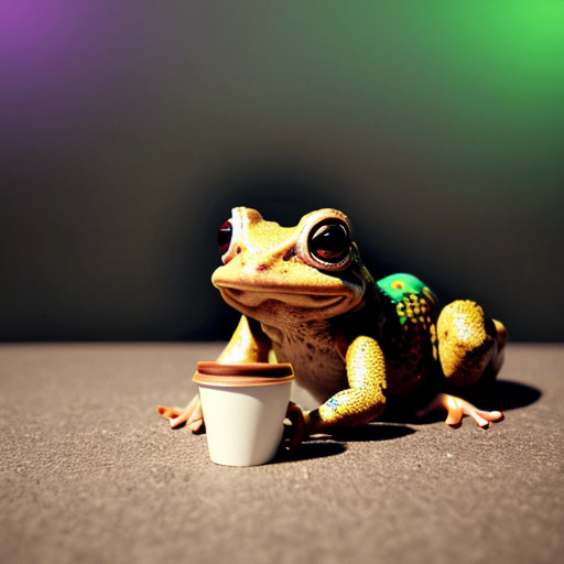 A hillarious, funny boho toad with some hippie colored coffee cups. Psychedelic decorated background.