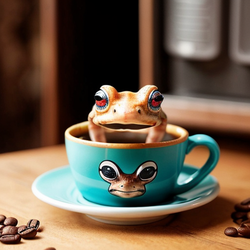 A hillarious, funny boho toad with some hippie colored coffee cups. Psychedelic decorated background.