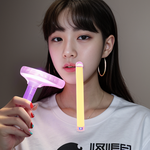 an girl hoding a bts bangtan bomb 
lightstick and has Neni written on her shirt
