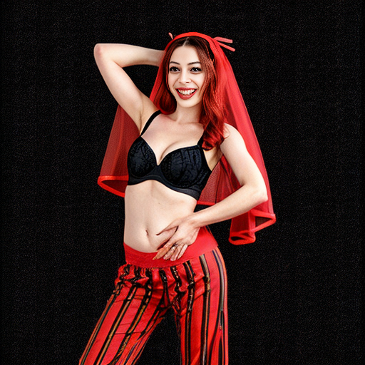 90's disney's 2d aladdin style comic black background and panels of panel 1 Harley Quinn with light black and red striped harem pants and bra and black and red curved slippers with both hand palms place together and hiding the bottom of her mouth with a light black and red striped veil wrapped around her arms and shoulders. 
panel 2 she danced with light black and red striped harem pants with light black and red striped bra and red and black curved slippers and with light black and red striped veil wrapped around her arms and shoulders and raising legs and bounced up and down her belly and shook her hips left and right. 
panel 3 as Harley Quinn with light black and red striped harem pants and bra and red and black curved slippers and with red and light black striped veil wrapped around her shoulders and arms and spreading her arms, happily revealing her face to the viewer and giving a smile as she shook her belly left and right. 
Panel 4 Harley Quinn with light black and red striped harem pants and bra and black and red curved slippers and with light black and red striped veil wrapped around her shoulders and arms has started to fading away , except her belly, which is bouncing around and growing. 
Panel 5 then the ball transforms into the fading in belly of red haired giganta barefoot with dark yellow spotted yellow harem pants and bra and dark yellow spotted yellow veil wrapped around her arms and shoulders with her swaying her hips. 
Panel 6 red haired giganta barefoot with dark yellow spotted yellow harem pants and bra and dark yellow veil wrapped around her arms and shoulders flexing her arms.