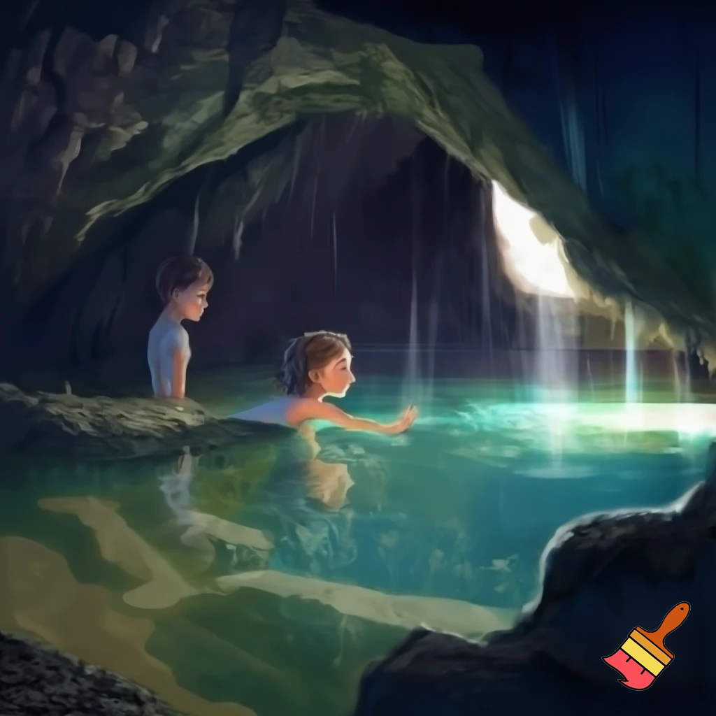 Girl and boy in cave with water
