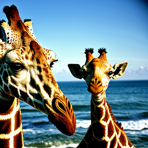 a giraffe next to a dog in front of the ocean