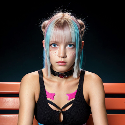 A portrait by pierre et gilles of a rebellious young girl inspired by Blade Runner, in vibrant ProPhoto RGB colors, sitting on a park bench