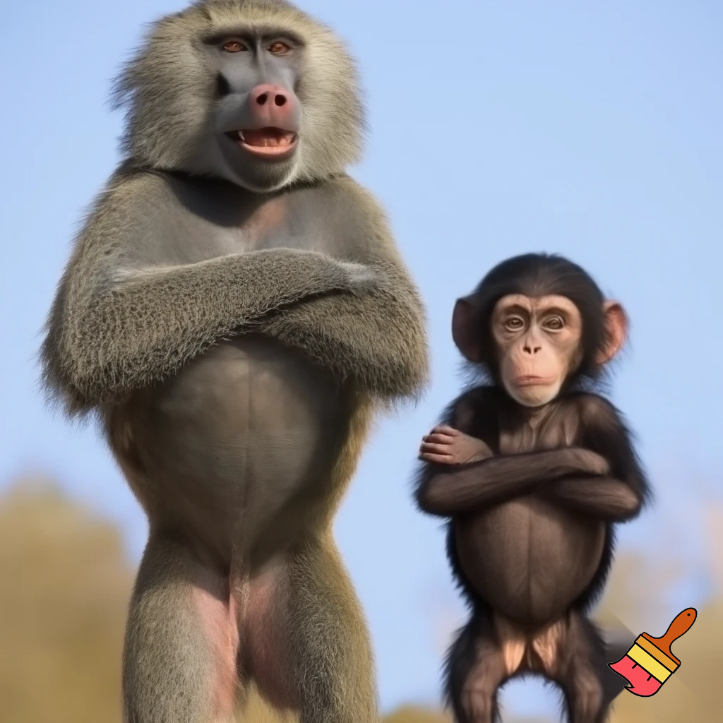 A baboon smiling and standing on his two legs with his arms crossed and looking at a chimpanzee that is standing on his two legs with his arms crossed and smiling