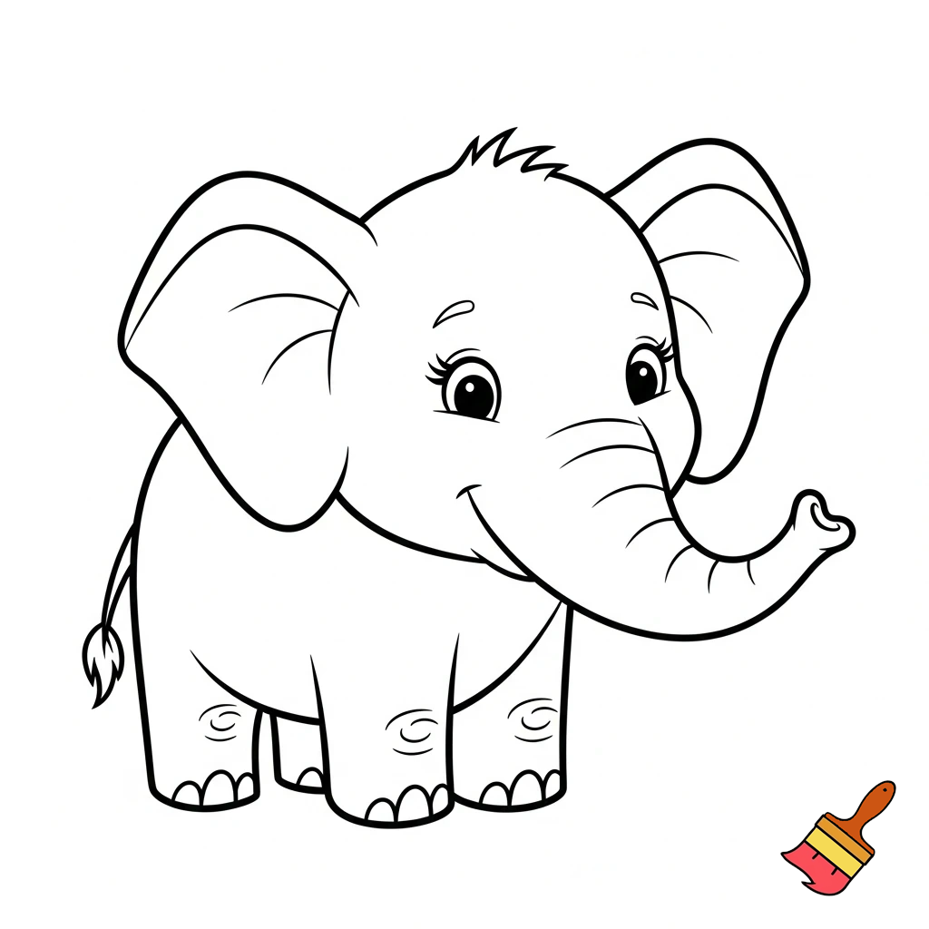 Gentle elephant coloring page outline, kid-friendly, simple black line art