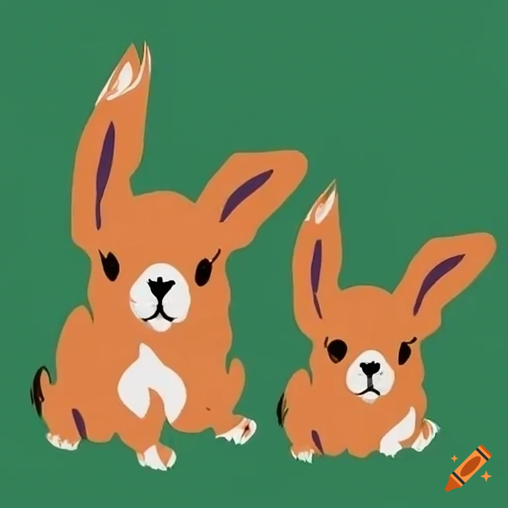 two rabbits in colors: orange, and gray with white markings, sitting on grass