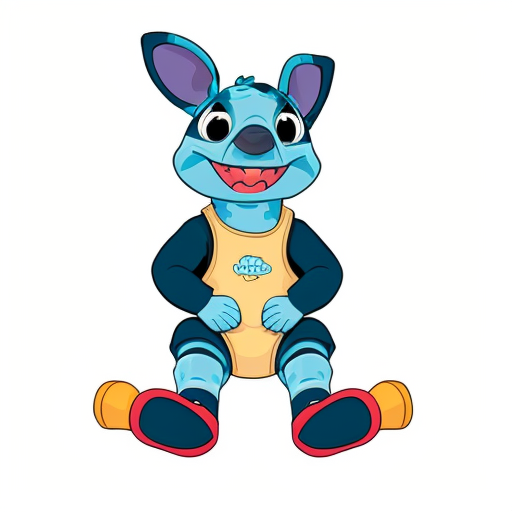 Stitch as a giant sitting down wearing his diaper and sneakers 