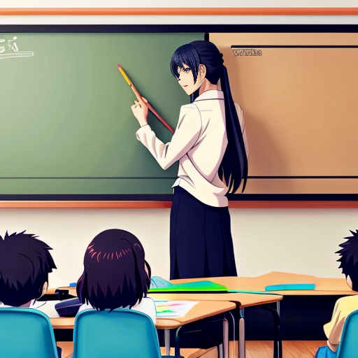 A teacher stands at the board with children around her, drawing