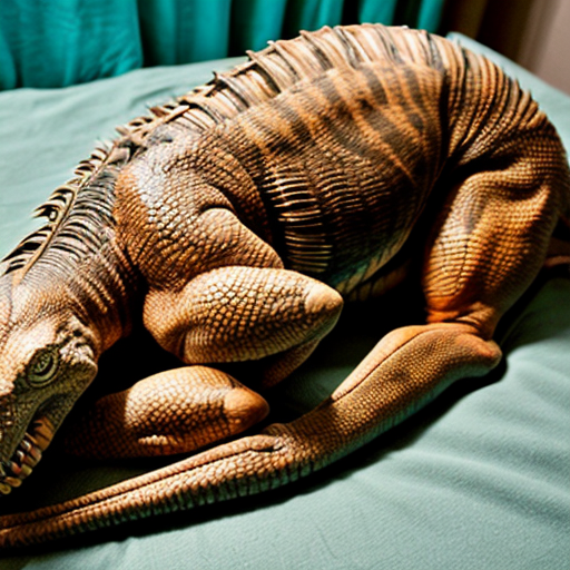 A sleeping female Velociraptor. There are 6 tranquilizer darts in her butt, 3 in her tail, and 2 on her nose. 