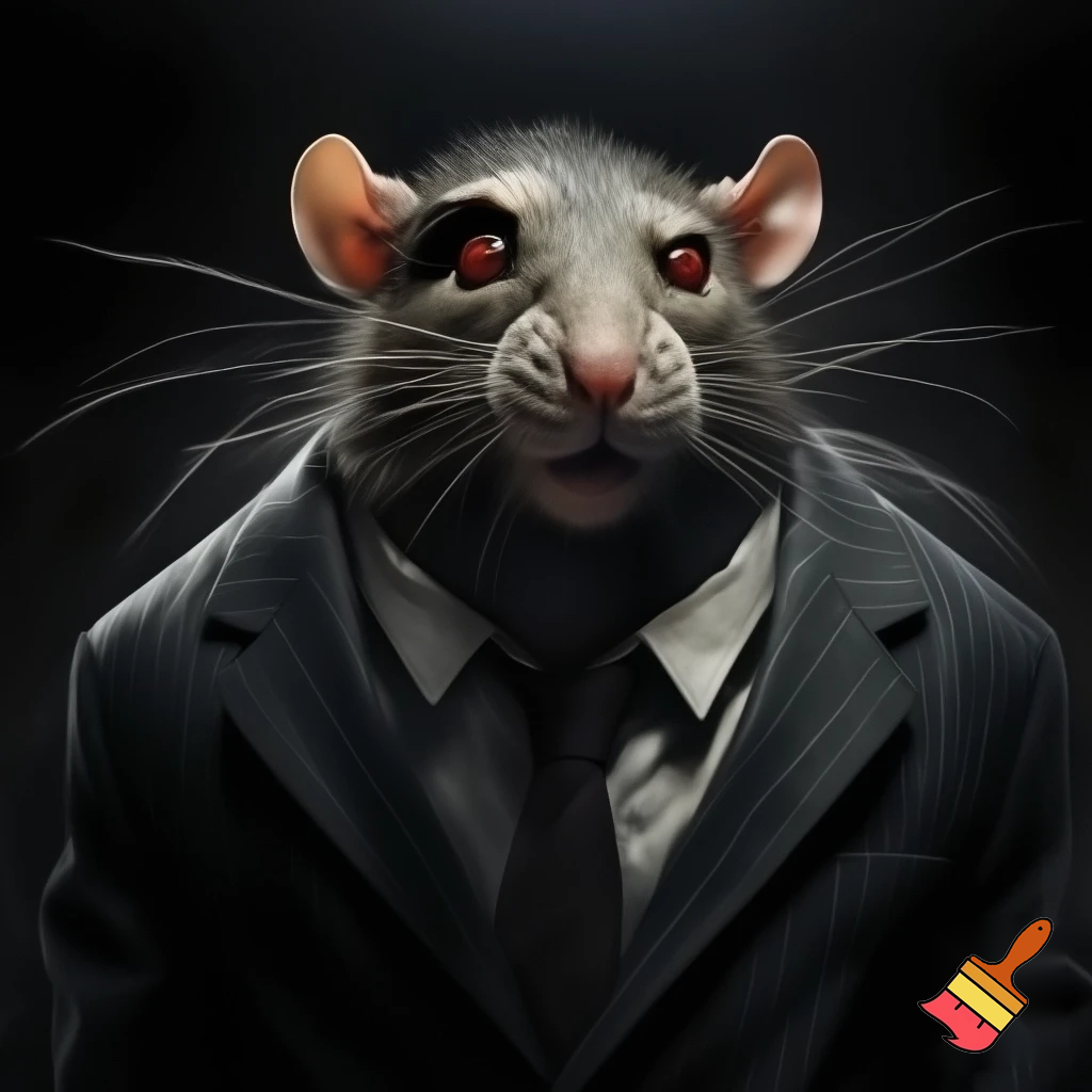 fierce smirking rat, neat business suit, mugshot red eyes, sinister 