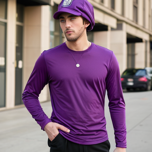 purple hat with two points and a purple long sleeve shirt with fuchsia/magenta trim that covers his legs. He also wears purple shoes and pants that are