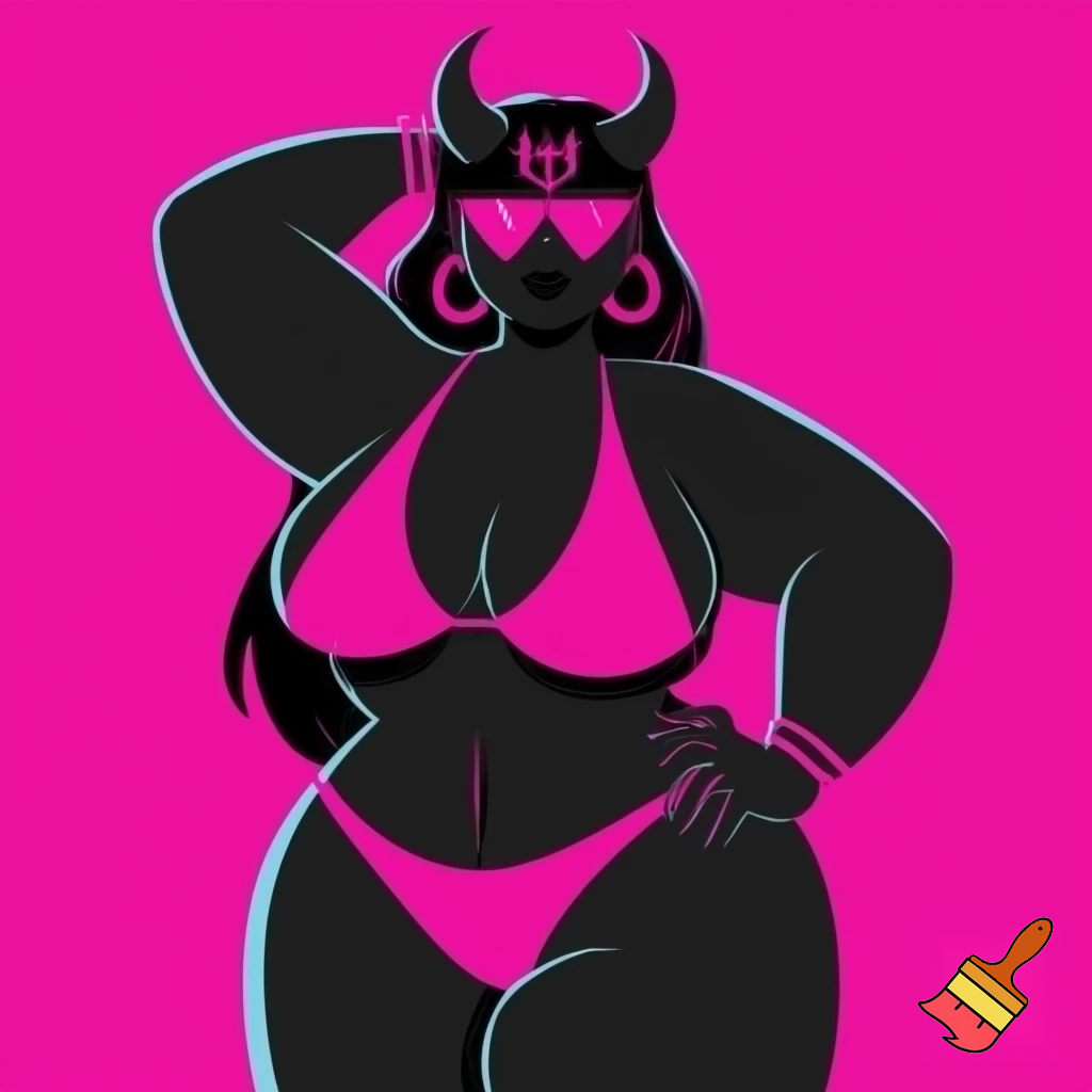 The image is a stylized illustration featuring a dark-skinned, possibly demonic or horned character, posing confidently against a vibrant hot pink background. The character has long, flowing dark hair and prominent horns that curve upwards from their head. Their eyes are obscured by a pair of sleek, triangular hot pink sunglasses.
They are depicted wearing a minimal hot pink bikini, consisting of a triangle top and a high-cut thong bottom. A distinctive symbol, resembling a trident or a stylized "psi" symbol, is visible on their forehead, also in hot pink. The character is adorned with large hoop earrings and a bracelet on their left wrist, all in matching hot pink.
Their body language suggests confidence, with one arm raised and bent behind their head, and the other hand resting on their hip. The overall style is bold and graphic, using strong outlines and a limited color palette of black and hot pink, creating a high-contrast and striking visual. Large gigantic boner.