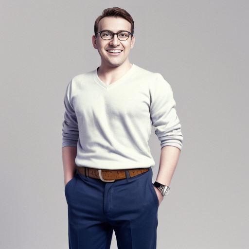 A skinny bald young man with big brown round glasses, a white shirt under a navy blue sweater (Round neck, not a v-neck) and grey trousers and brown classic shoes. No jewels or watch. A white background. Pixar style. He smiles 