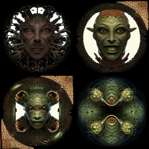 Irreal creaturas sub humana de fractales. 4 paneles. 1, 2, 3, 4. 1: criatura emerge de ti. 2: criatura se alimenta. 3: Blade. 4: la creatura eres tu. Esto en un estilo barroco, ultralimilal, aceituna y papa