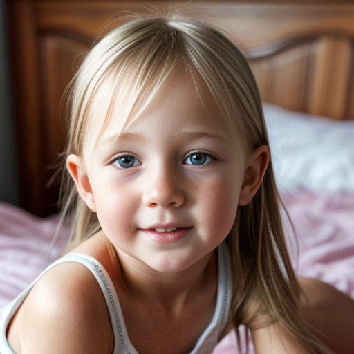 blonde little girl, sitting on bed, on the bedroom, close up