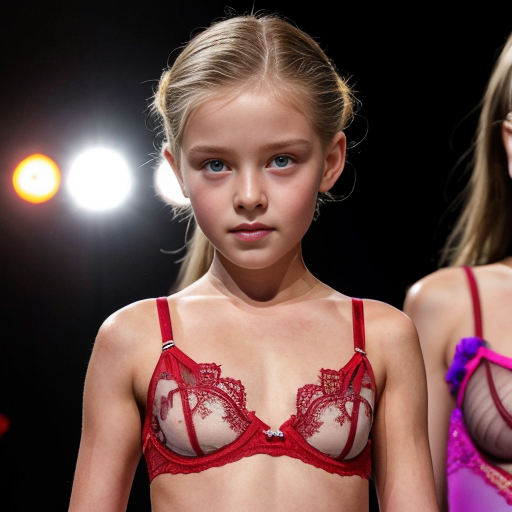 Crea imágenes tipo fotos realistas, donde haya 2 niñas rubias de 10 años modelando en una pasarela para un concurso, que esten vestidas con ropa de lenceria roja transparente