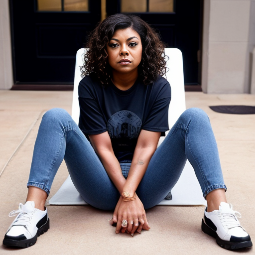 Taraji P. Henson long brown curly hair black t-shirt under t-shirt and blue jeans black pickle toes shoes out 
