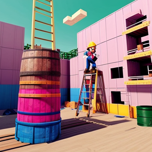 a pink construction site with a bunch of tilted pink layers with blue ladders going to each one and at the top there's donkey kong and at the middle a mario with red overalls and and a blue shirt and there's barrels on the tilted pink layers, make it all 8 bit