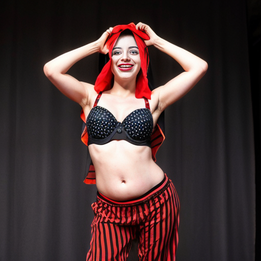 90's disney's 2d aladdin style comic black background and panels of panel 1 Harley Quinn with light black and red striped harem pants and bra and black and red curved slippers with both hand palms place together and hiding the bottom of her mouth with a light black and red striped veil wrapped around her arms and shoulders. 
panel 2 she danced with light black and red striped harem pants with light black and red striped bra and red and black curved slippers and with light black and red striped veil wrapped around her arms and shoulders and raising legs and bounced up and down her belly and shook her hips left and right. 
panel 3 as Harley Quinn with light black and red striped harem pants and bra and red and black curved slippers and with red and light black striped veil wrapped around her shoulders and arms and spreading her arms, happily revealing her face to the viewer and giving a smile as she shook her belly left and right. 
Panel 4 Harley Quinn with light black and red striped harem pants and bra and black and red curved slippers and with light black and red striped veil wrapped around her shoulders and arms has started to fading away , except her belly, which is bouncing around and growing. 
Panel 5 then the ball transforms into the fading in belly of red haired giganta barefoot with dark yellow spotted yellow harem pants and bra and dark yellow spotted yellow veil wrapped around her arms and shoulders with her swaying her hips. 
Panel 6 red haired giganta barefoot with dark yellow spotted yellow harem pants and bra and dark yellow veil wrapped around her arms and shoulders flexing her arms