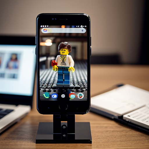 LEGO smartphone standing upright on a desk, battery icon at 100%, subtle visual tension, neutral indoor environment, cinematic LEGO style, shallow depth of field, realistic lighting, vertical 9:16
