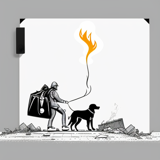 a super hero saving a dog from a bomb explotion. show a destroyed city in the baground up in flames 
