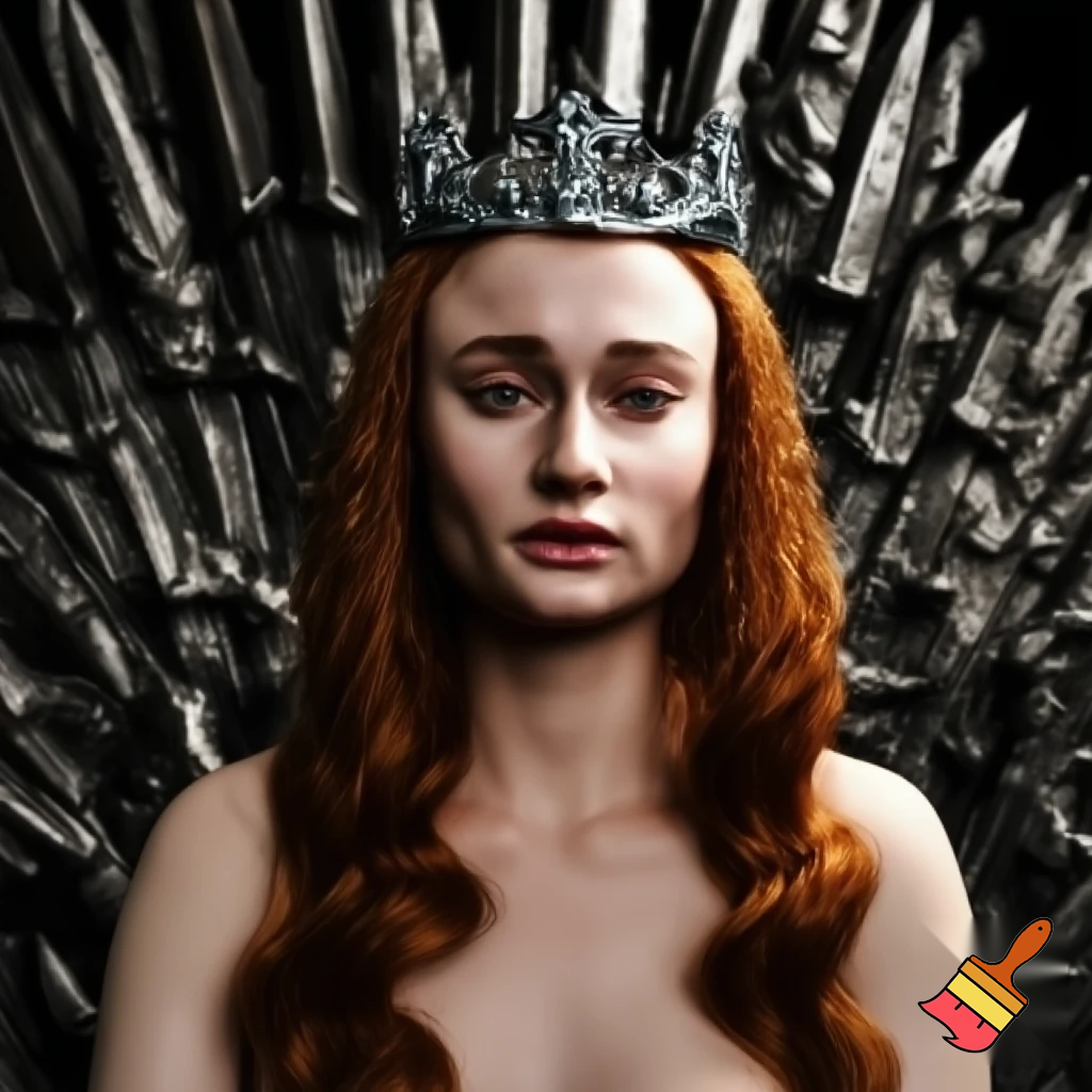 Sansa stark naked sitting on the iron throne wearing a crown. Her body and face are realistic and look like Sophie Turners’. It is extraordinarily important you do not alter Sophie Turners face.