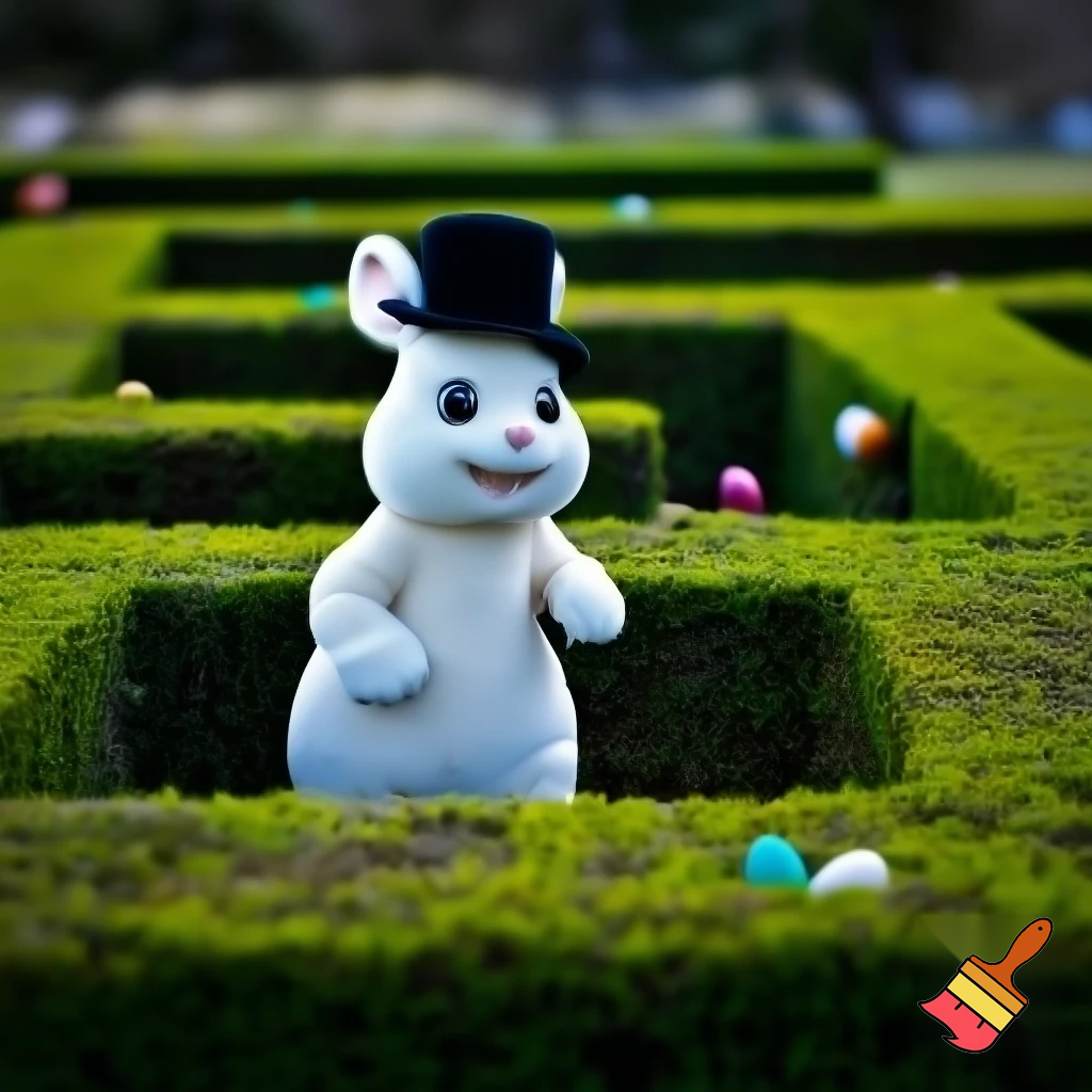 Easter bunny mascot with the top hat costume Easter bunnies maze house