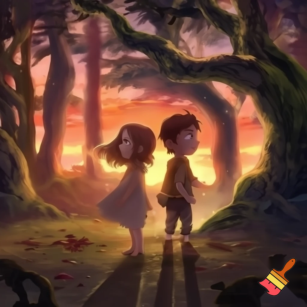 One girl one boy kids in a forest back to back in a sunset